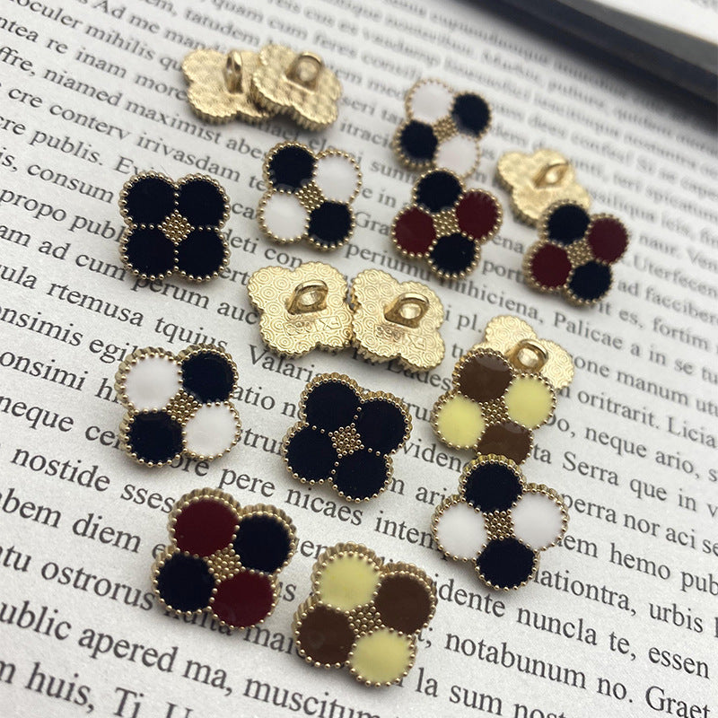 Four-leaf clover shank buttons, gold-tone beads with navy, white and burgundy inlay