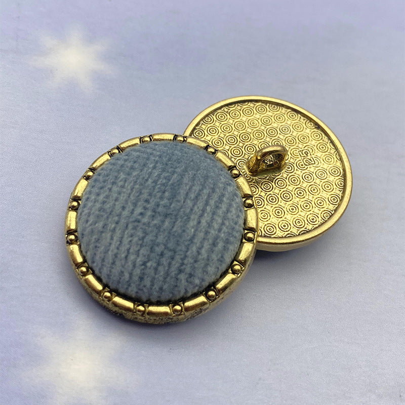 Blue velvet chain round edge shank button, brass-tone back with metal shank, 18/21/25mm