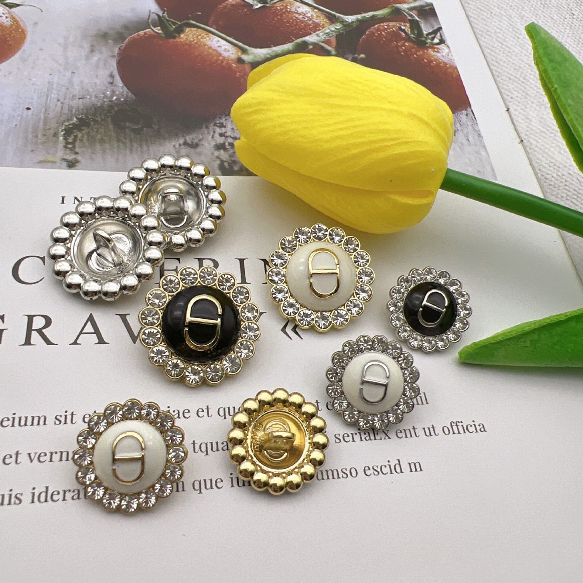 Diamond-encrusted lace metal shank buttons in mixed colors, round with beaded border