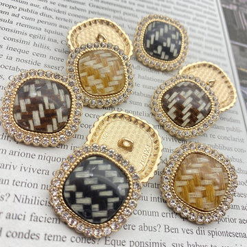 Set of five gold-tone rhinestone resin buttons, dark/amber mosaic fronts