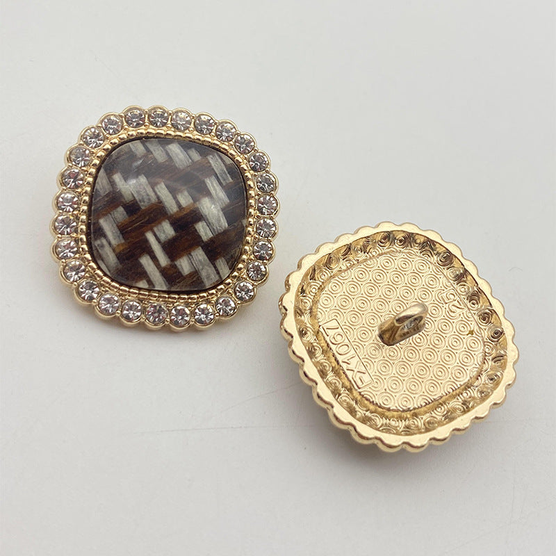 Rhinestone border resin button, dark mosaic front with gold textured back