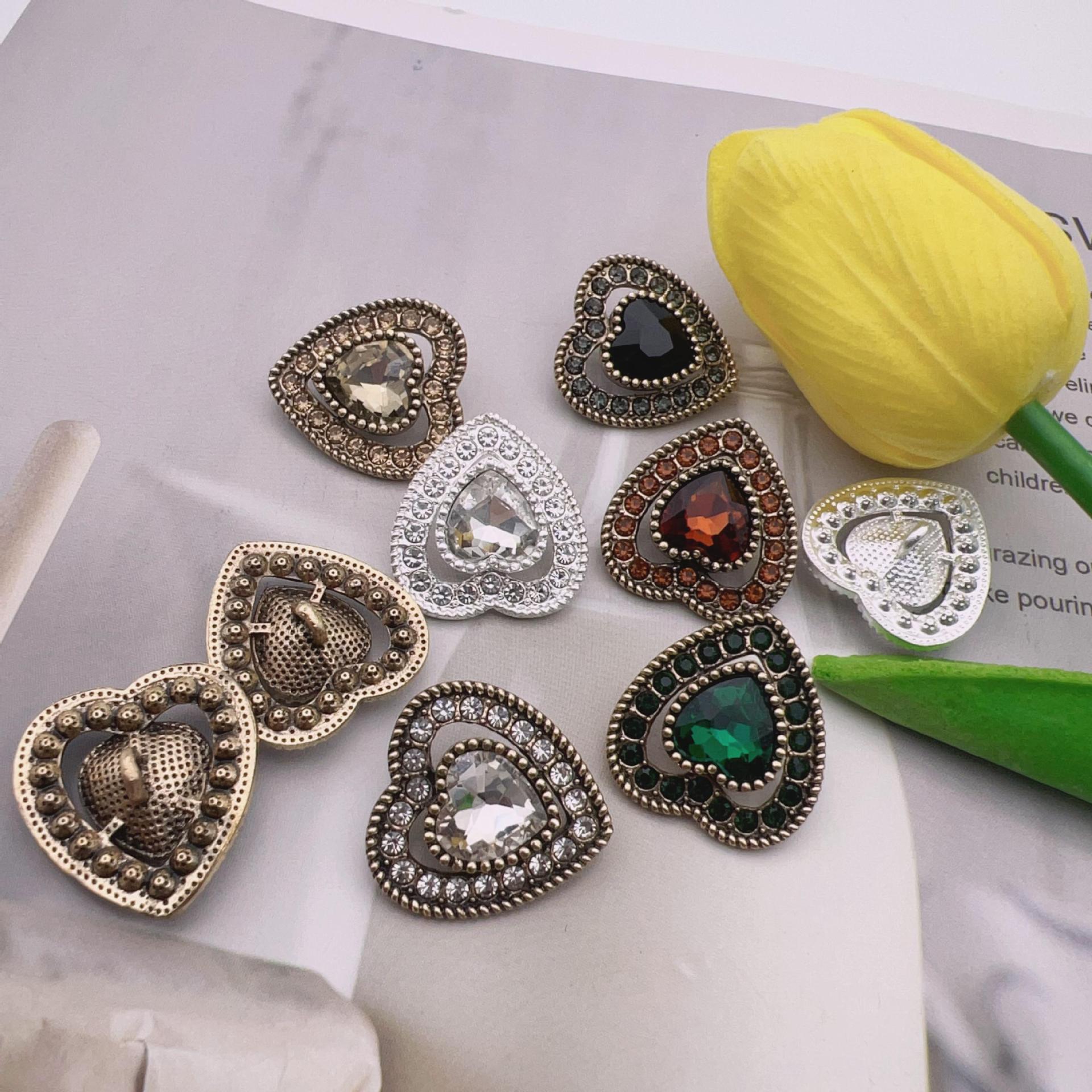 Heart-shaped crystal metal shank buttons, assorted colors and faceted stones, 10 pcs