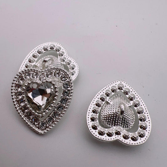 25mm Vintage Heart Shaped Crystal Metal Shank Buttons 10pcs White Silver