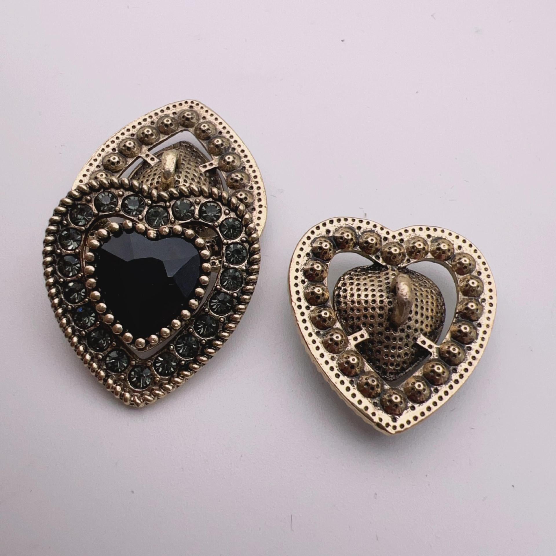 Heart-shaped crystal metal shank buttons, dark heart stones, antique silver back