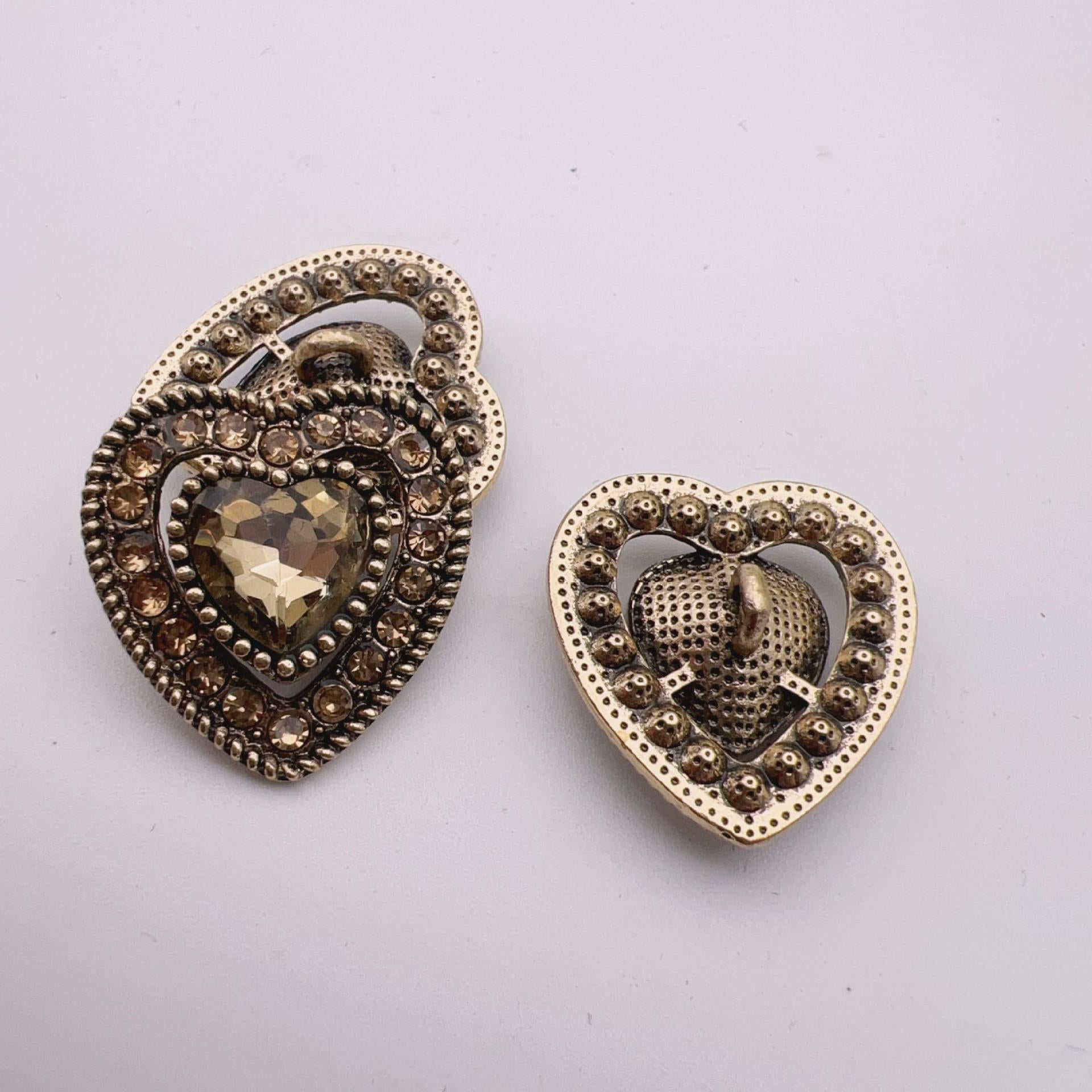Heart-shaped crystal metal shank buttons, warm topaz crystal heart, front and back