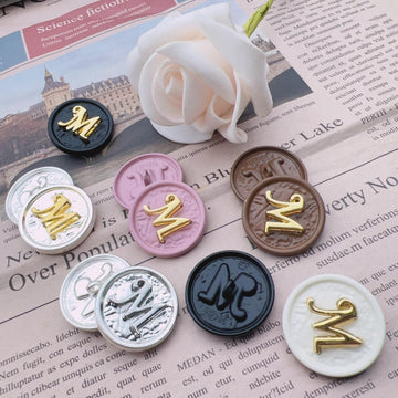 25mm round metal button, letter M, gold on black, decorative set of 48