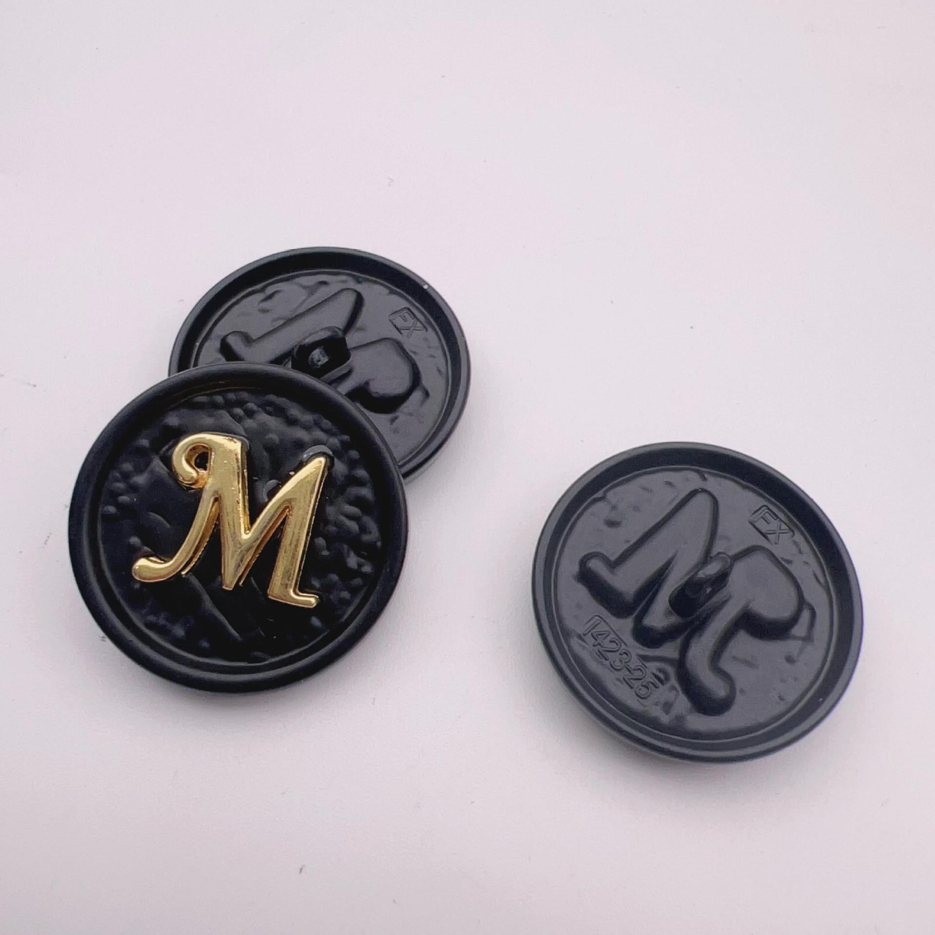 25mm round metal button, letter M, gold on black, front and back, set of 48