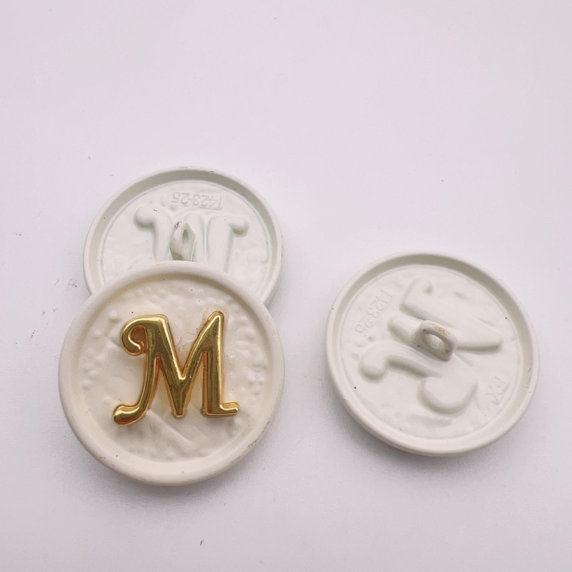 25mm round metal button, letter M, gold on white, front and back, set of 48