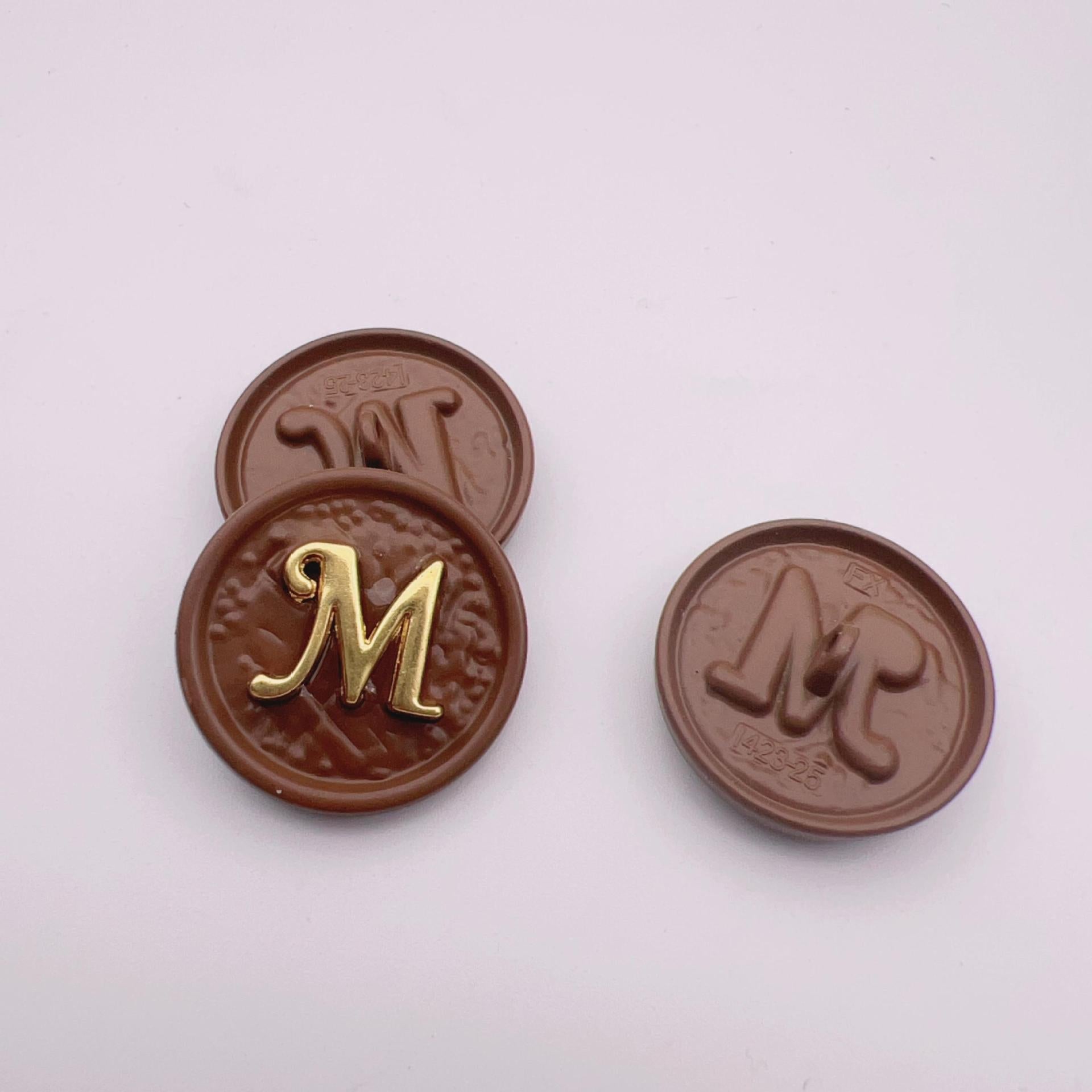 25mm round metal button, letter M, gold on dark brown, front and back, set of 48