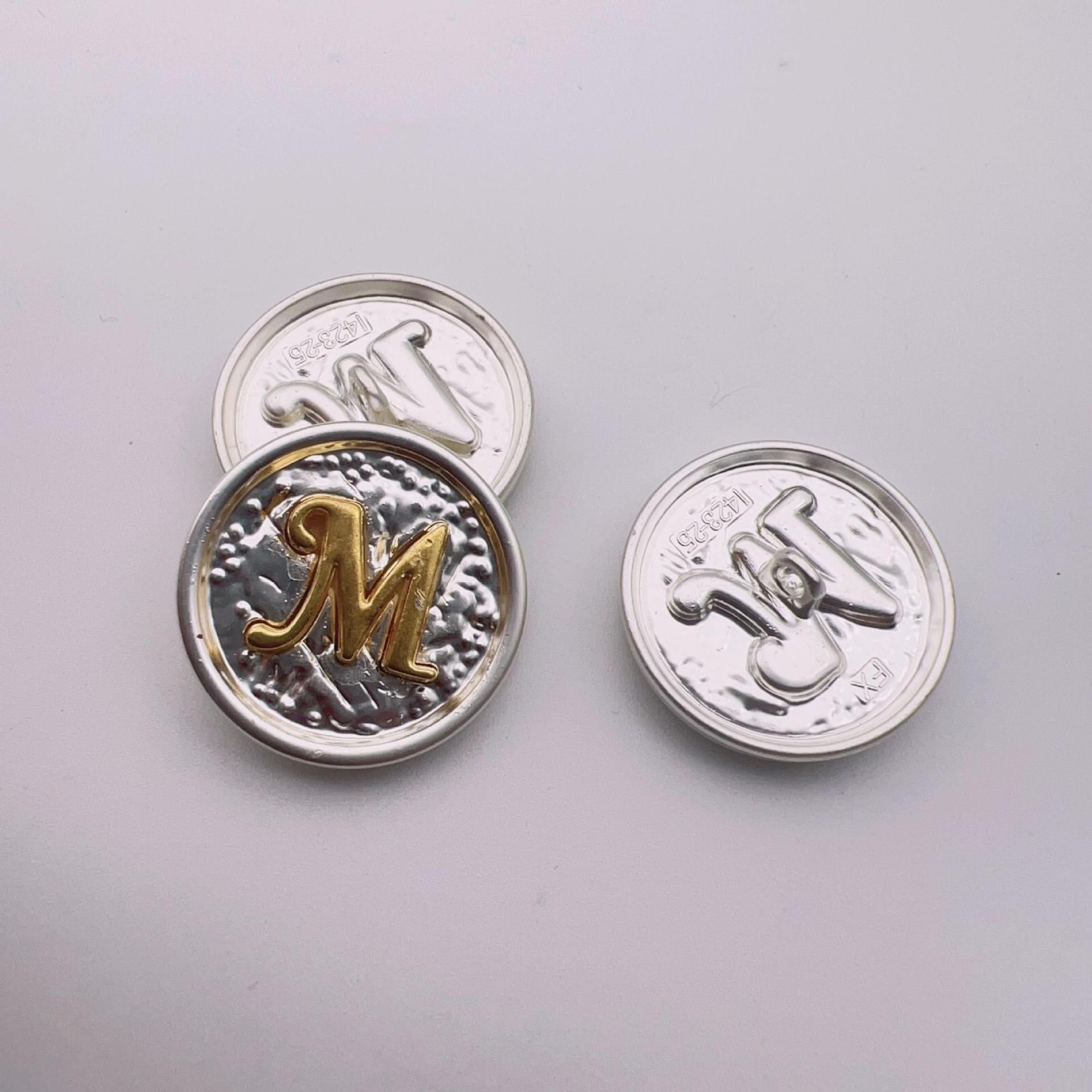 25mm round metal button, letter M, gold on shiny silver, front and back, set of 48