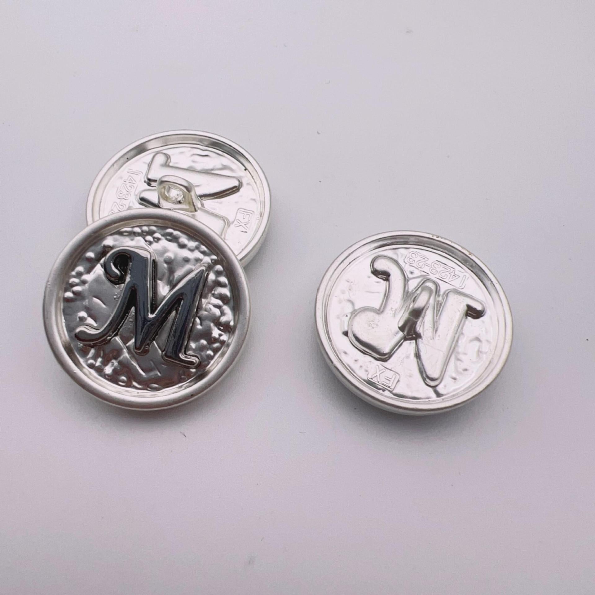 25mm round metal button, letter M, gold on silver, front and back, set of 48