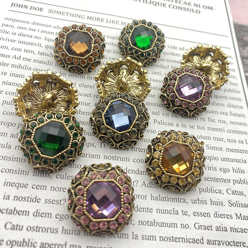 25mm bronze coat buttons, green and purple crystal-studded round bezels, 50-pack