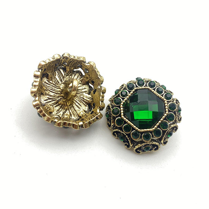 Bronze coat buttons with green octagonal crystal center and dark bead border, 50-pack