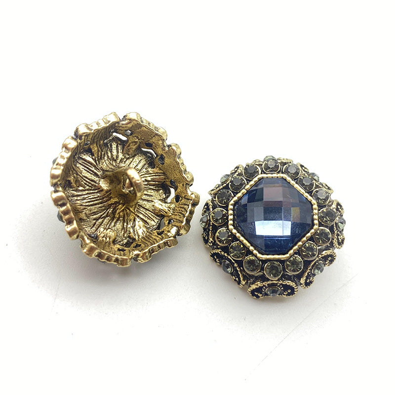 Bronze coat buttons with gray-blue crystal center and dark bead trim, 50-pack