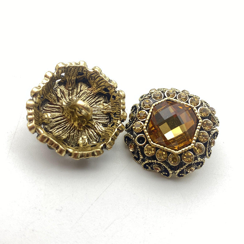 Bronze coat buttons with warm golden-brown crystal center and bead-studded frame, 50-pack