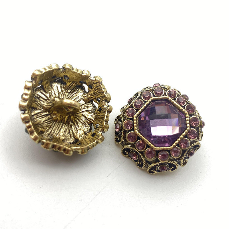 Bronze coat buttons with purple crystal center and pink stones around, 50-pack