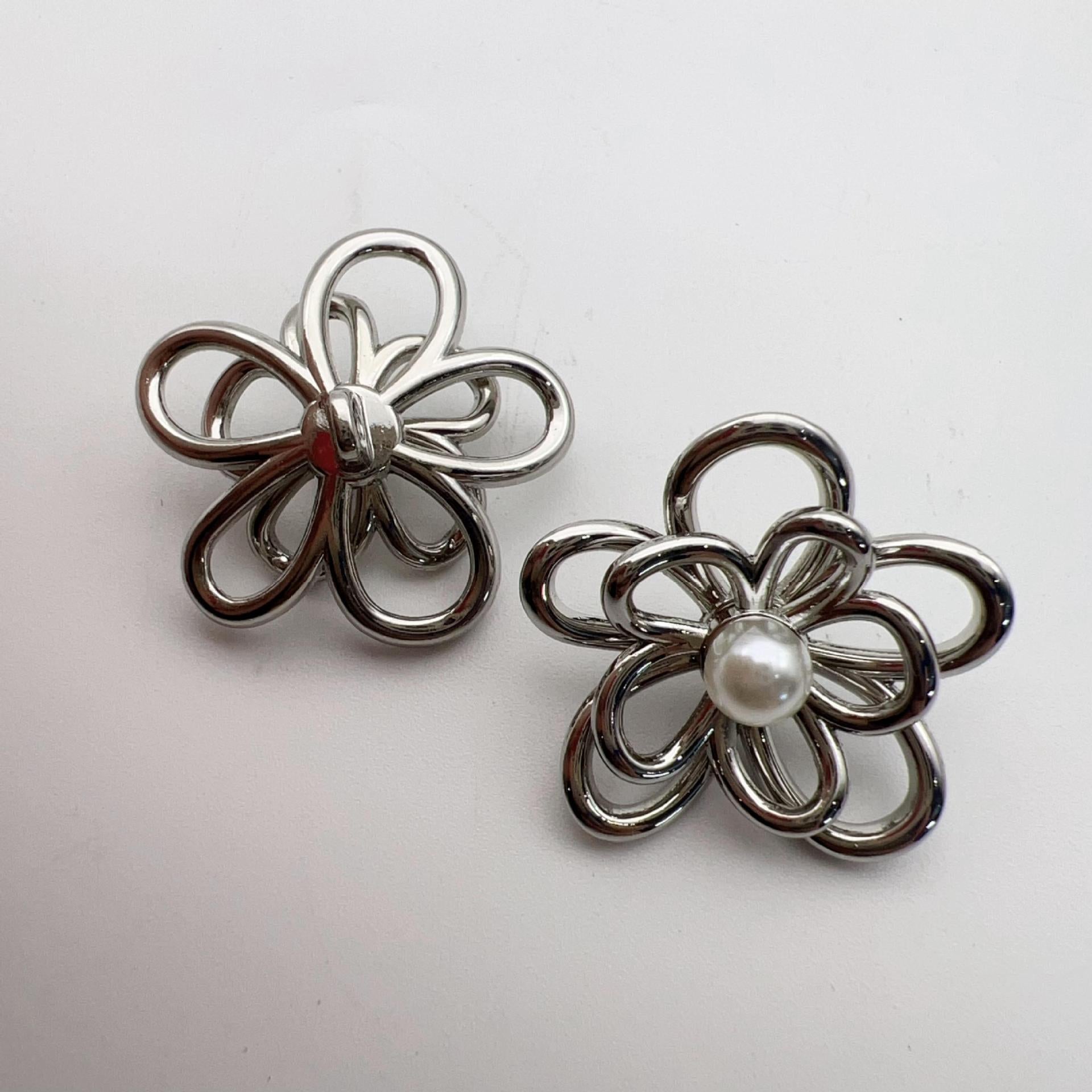 Vintage flower metal shank buttons, silver-tone loop petals with small white pearl centers