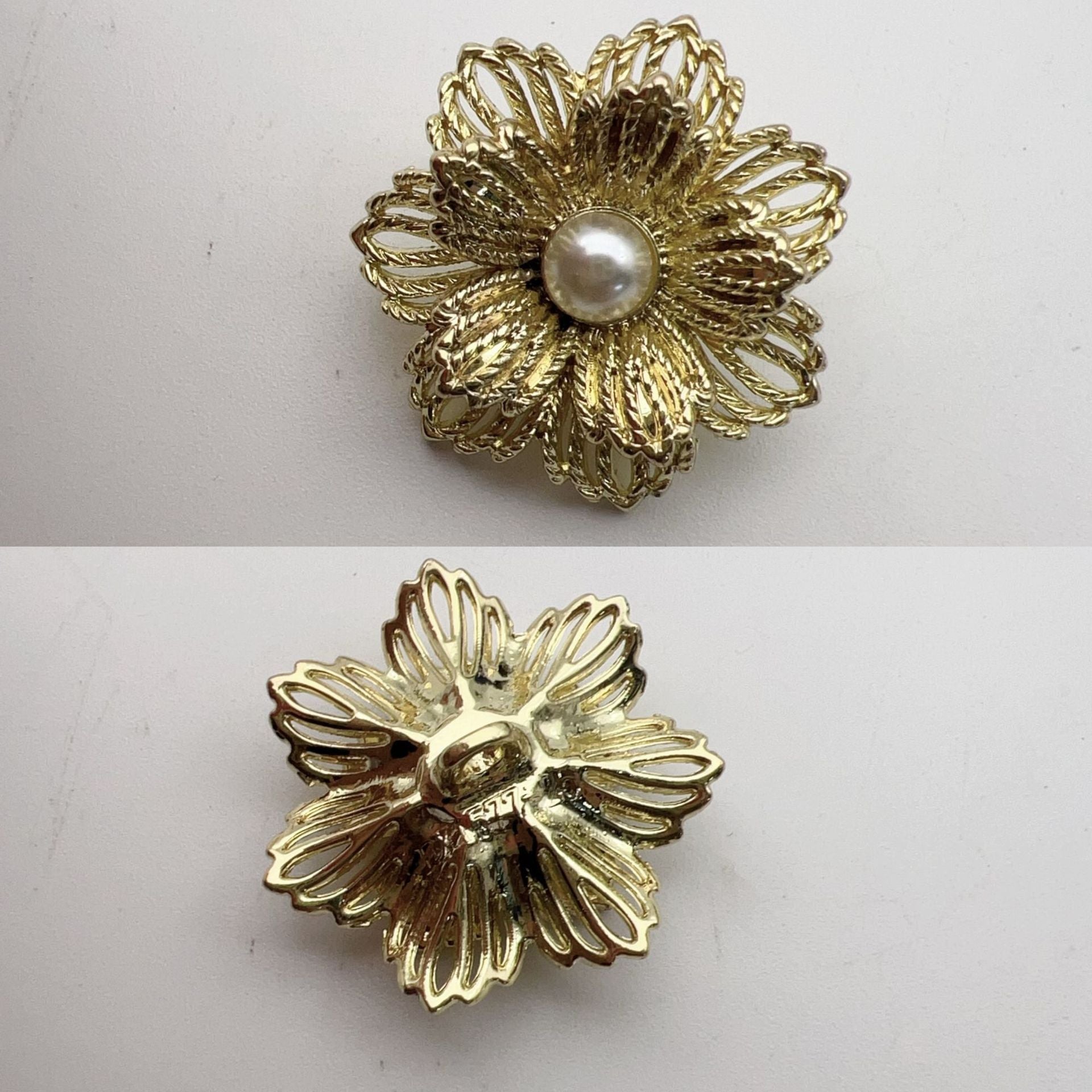 Vintage gold filigree flower button with white pearl; second gold flower button shown below