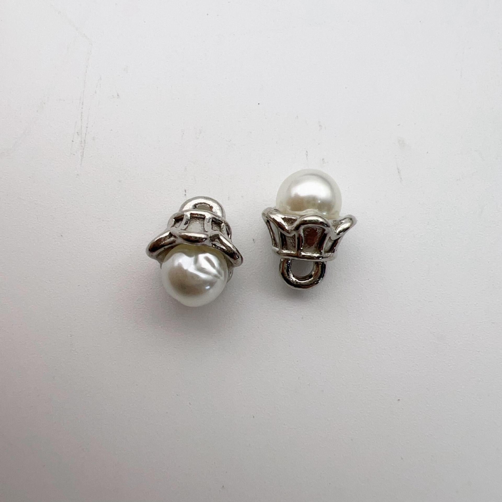Vintage flower pearl metal shank buttons, silver-tone frames with white pearl centers