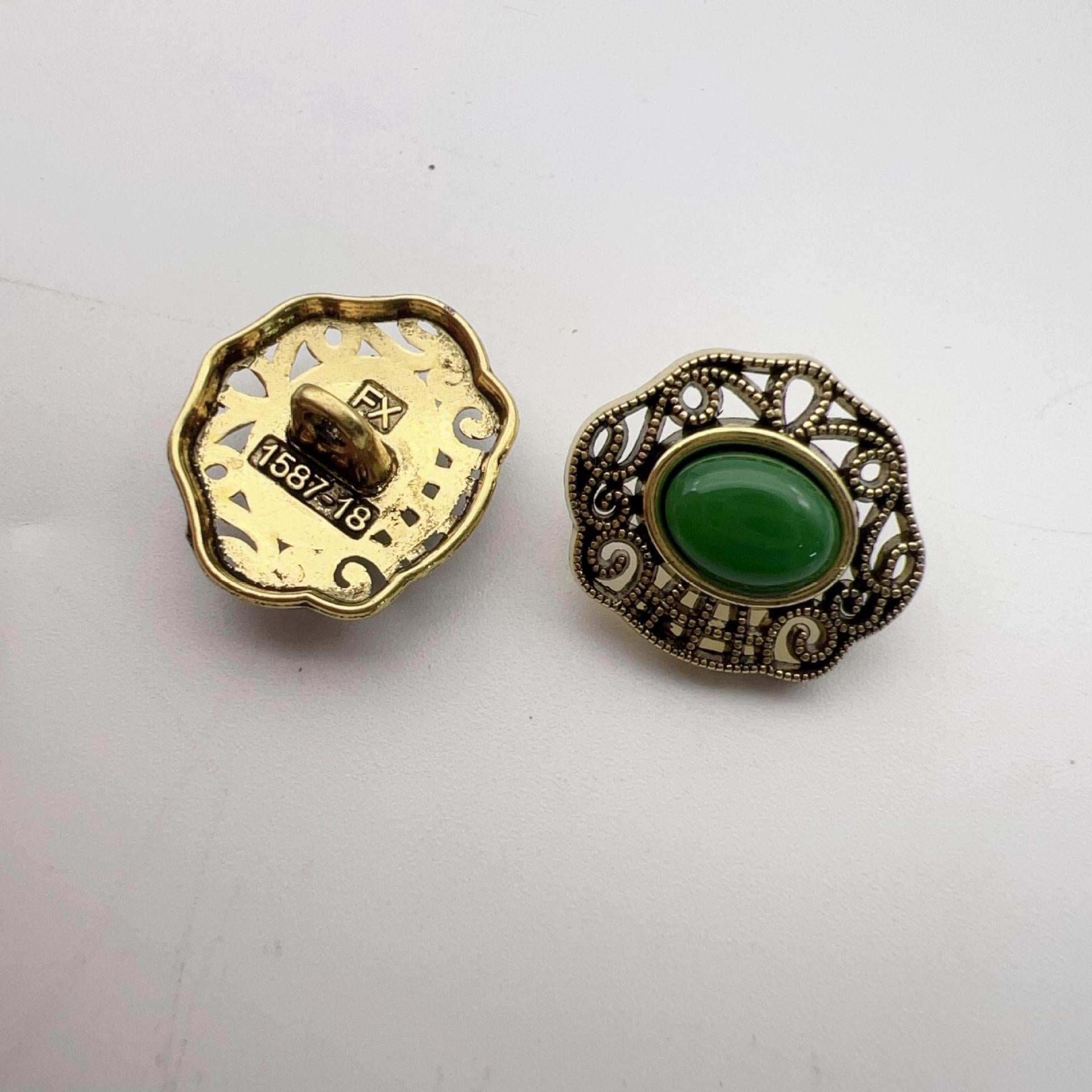 Vintage hollow lace buttons, gold rim, green center, shank