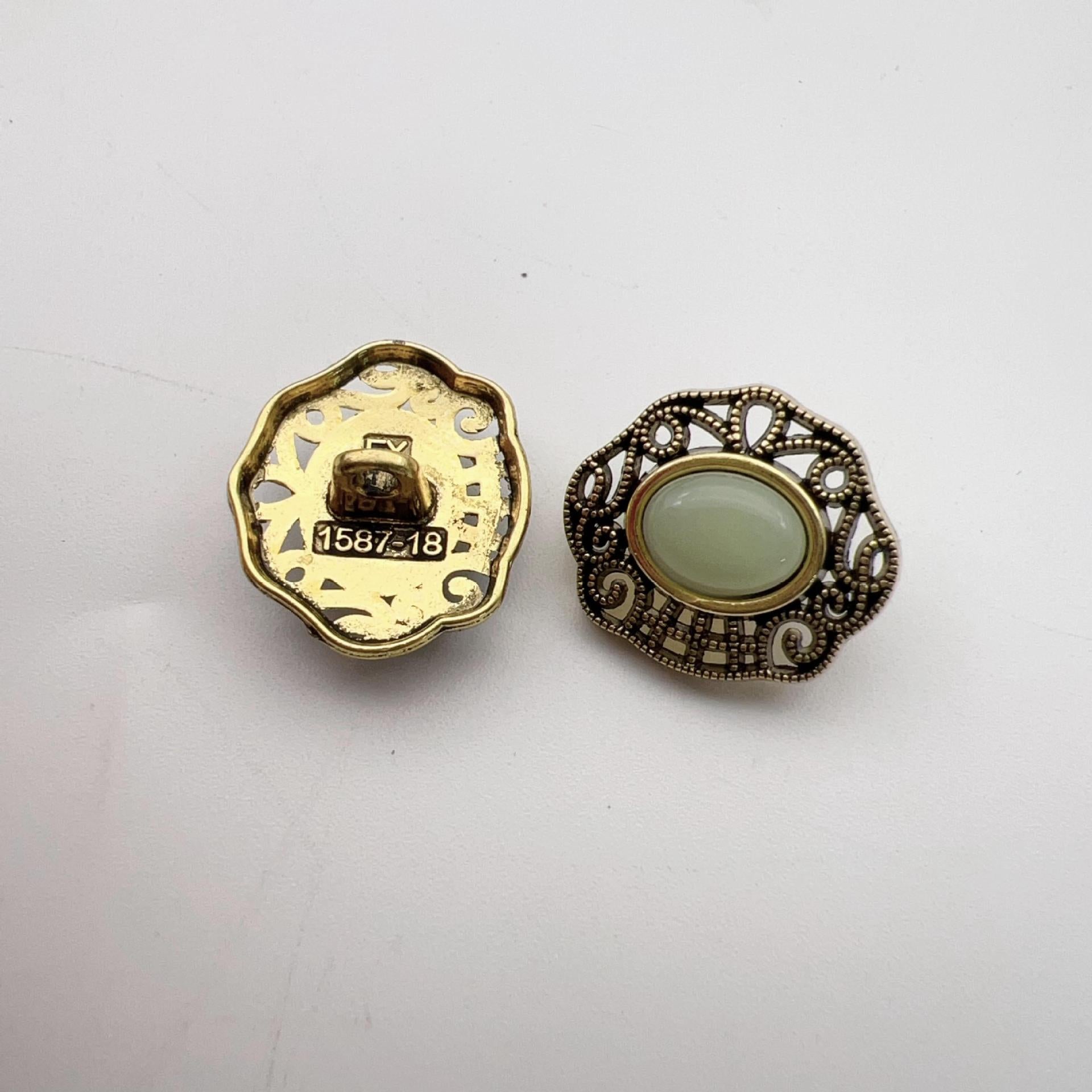 Vintage hollow lace buttons, gold rim, pale green center, shank