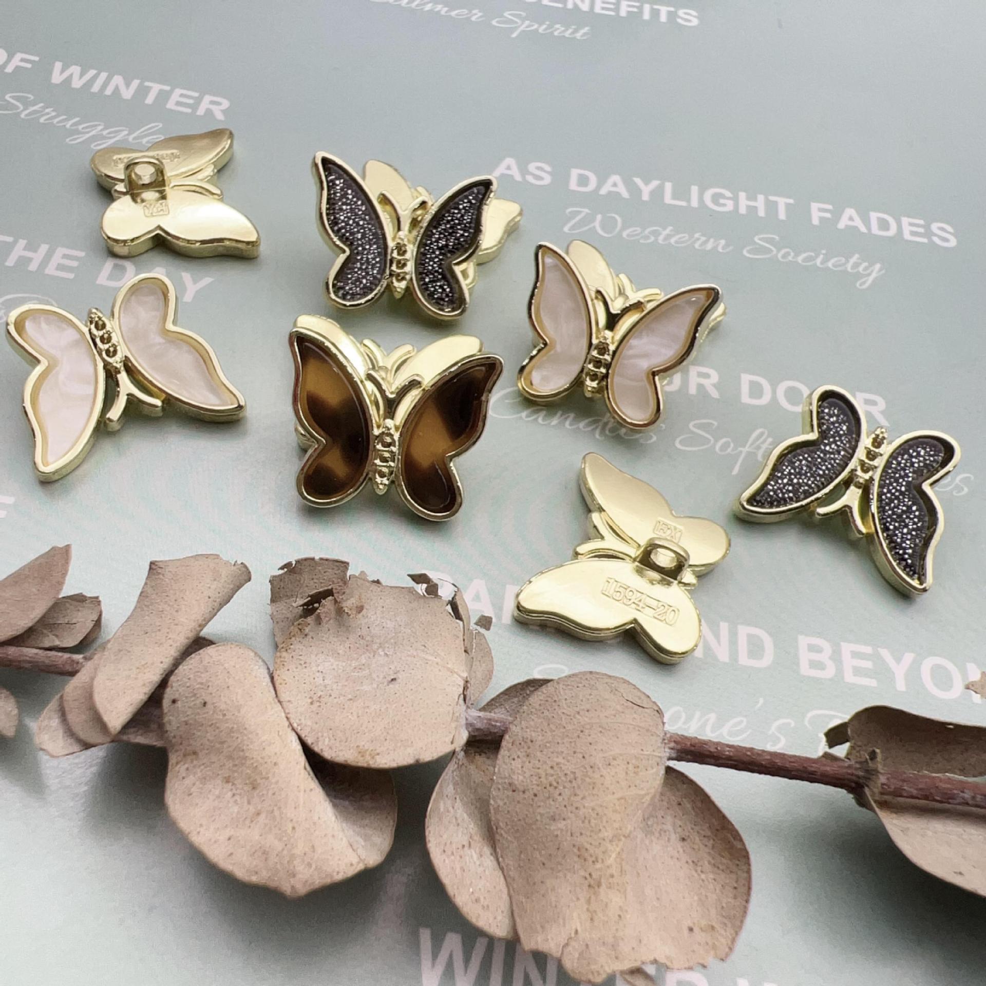 Butterfly shank buttons set with gold finish, 12 pcs, jeweled centers