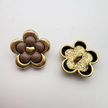 Vintage five-petal flower metal dot shank buttons, brown front, gold-and-black back