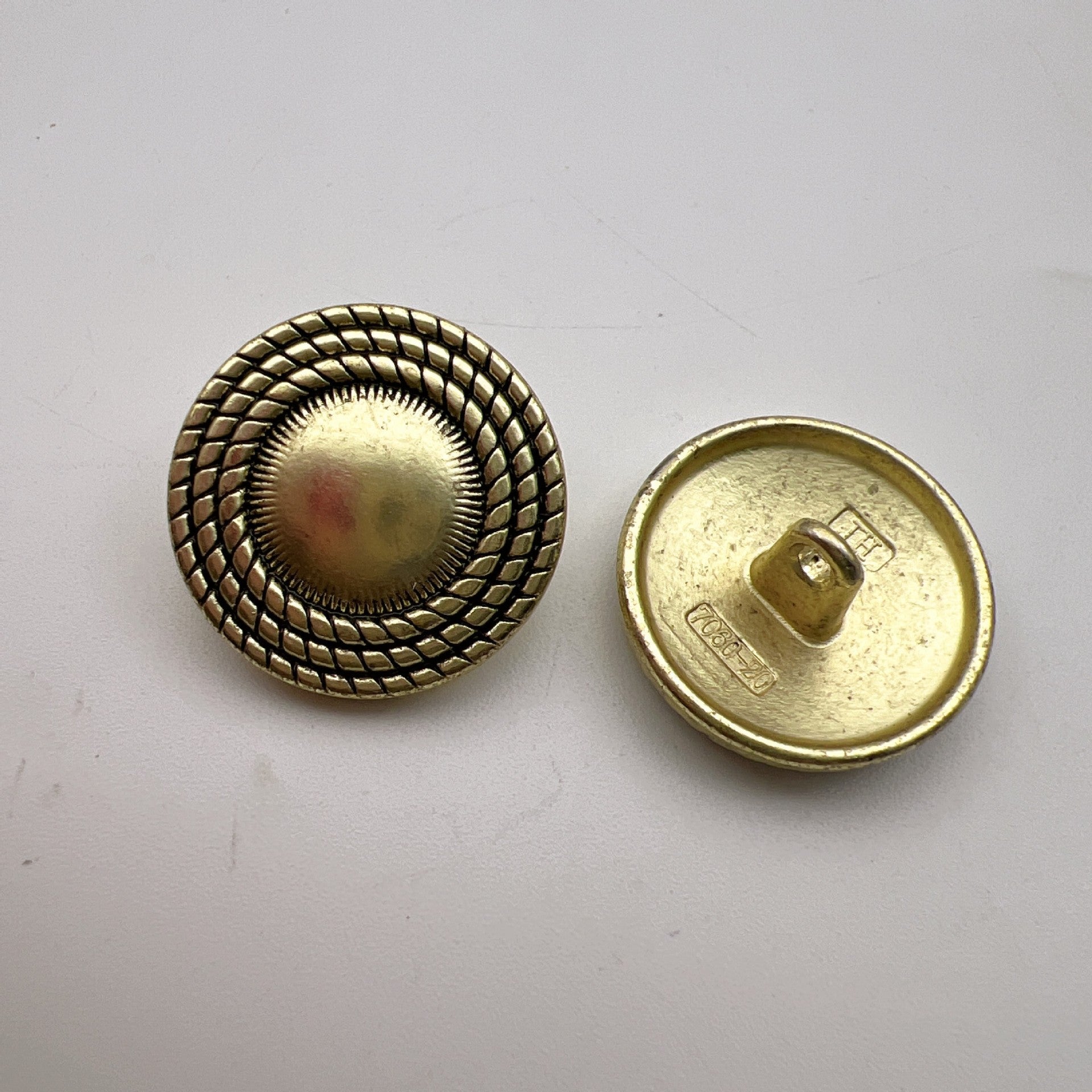 Vintage gold metal shank button set, front grid design and backside view