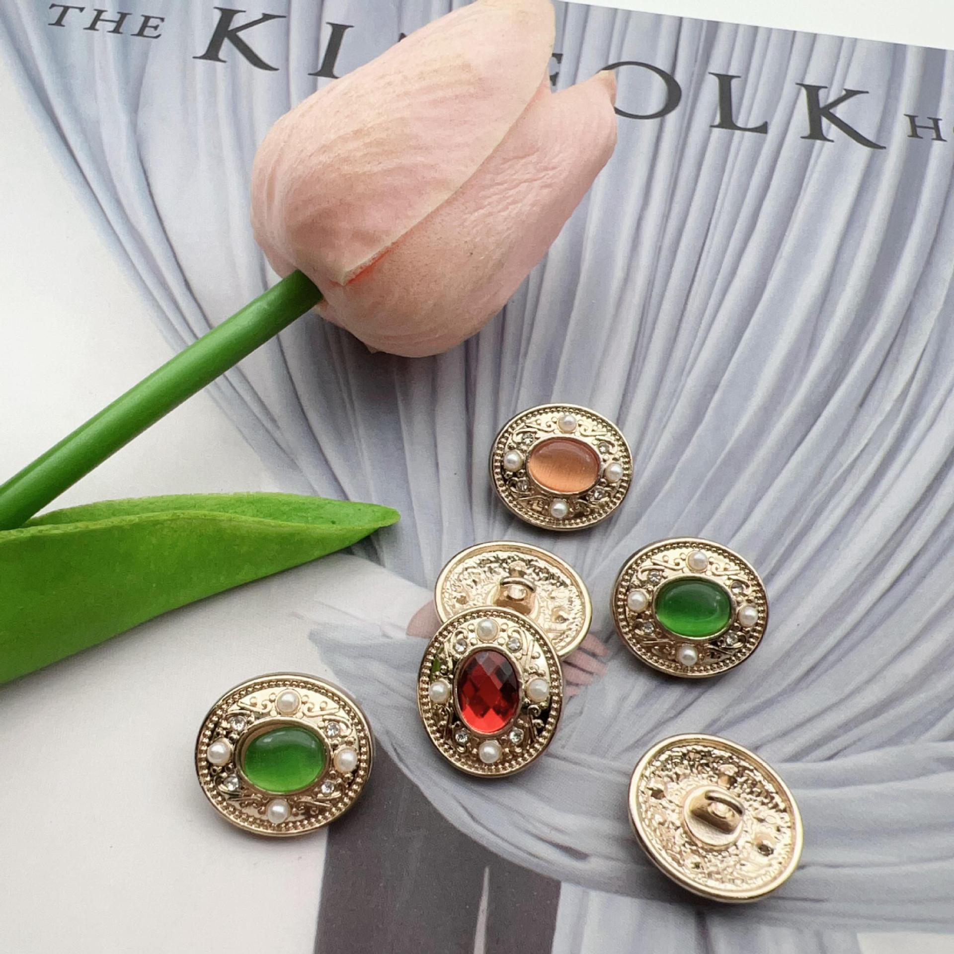 25mm vintage crystal bead metal shank buttons, gold-tone with green and red stones