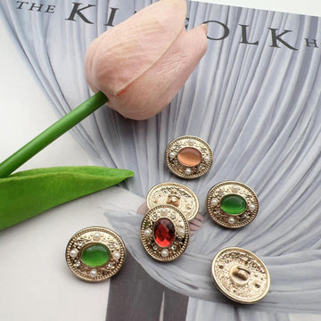 25mm vintage crystal bead metal shank buttons, gold-tone with green and red stones