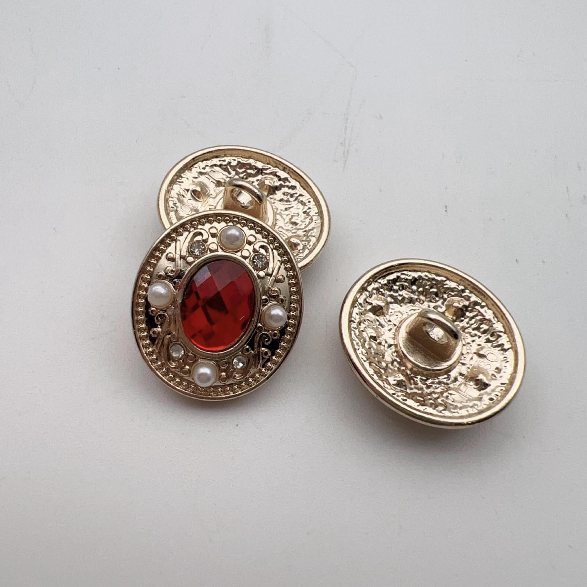 25mm button with red oval crystal cabochon, pearl accents, metal shank
