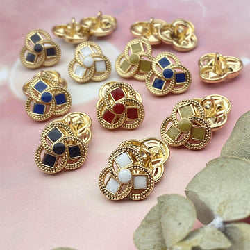 Clover-shaped flower metal shank shirt buttons, gold-tone with colorful inset squares
