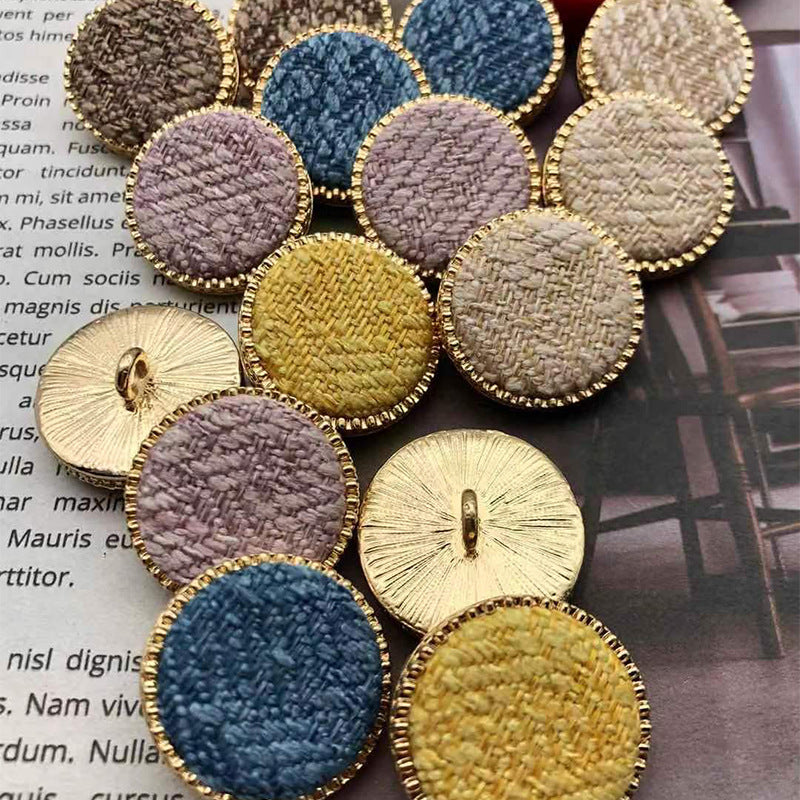 Set of fabric-covered shank buttons, gold-toned edge, multiple colors (round)