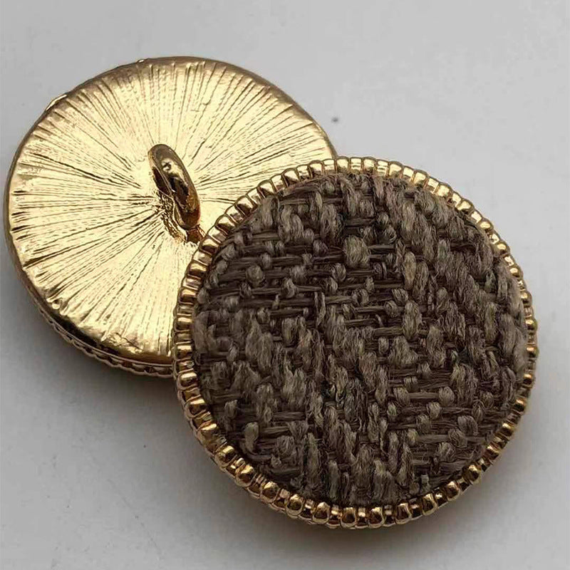 Round fabric shank buttons with gold rim: dark brown/charcoal front, gold back plate