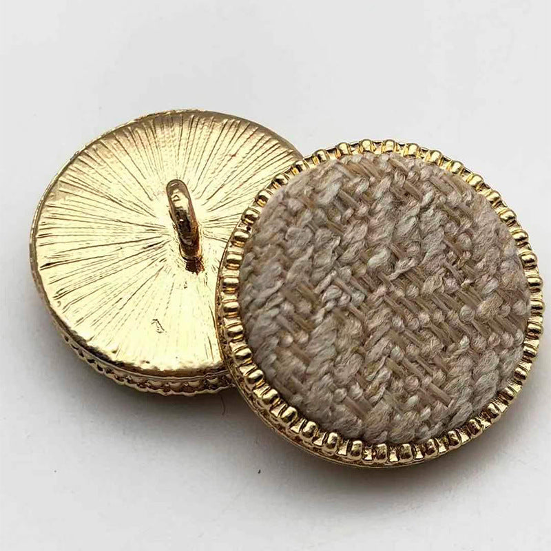 Round fabric shank buttons with gold rim: taupe-beige front, gold back plate