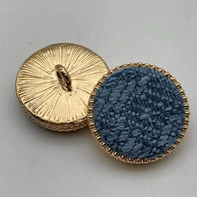 Round fabric shank buttons with gold rim: dark blue front, gold back plate