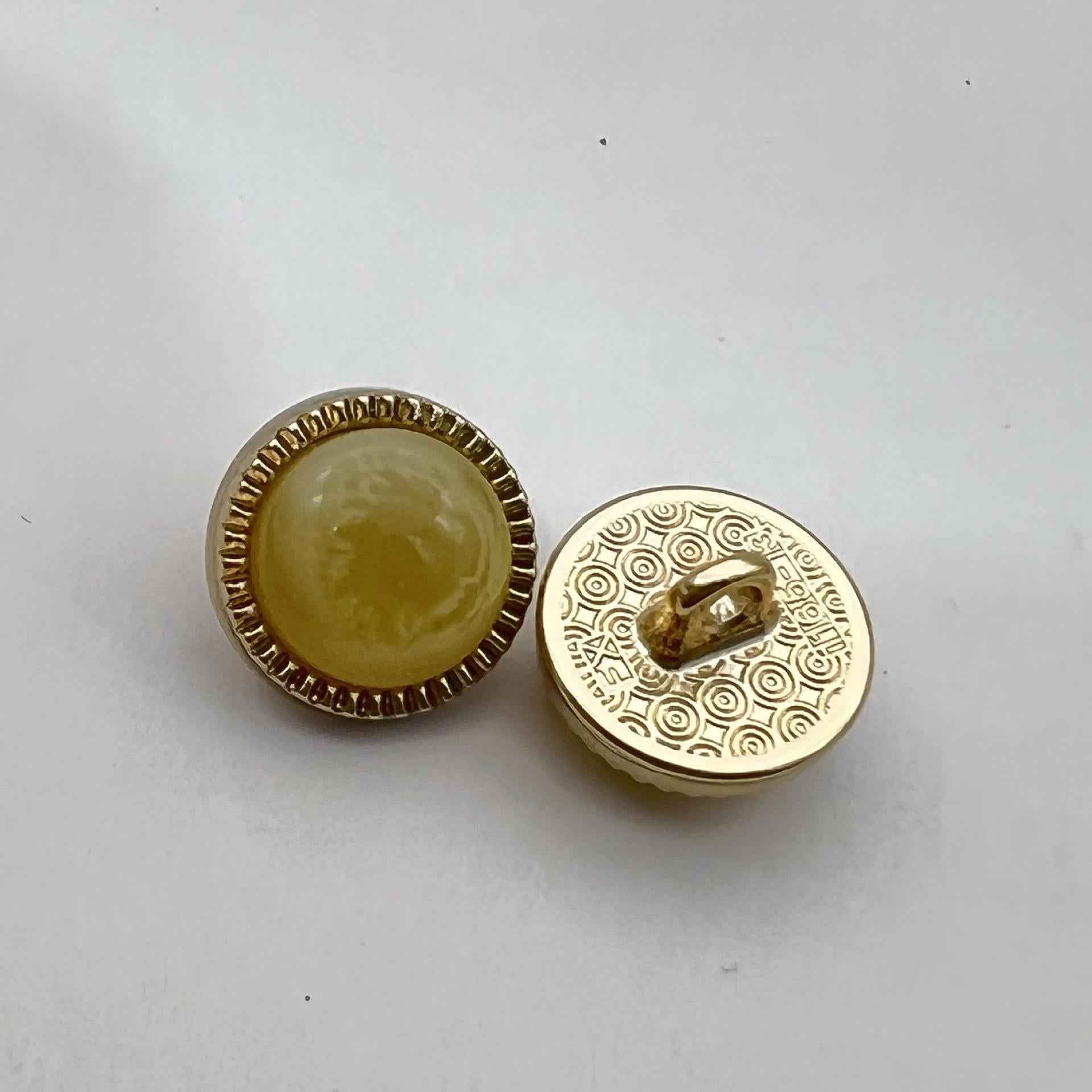 12.5mm pearlized cat’s eye metal shirt button pair, olive/yellow stone, gold-tone shank