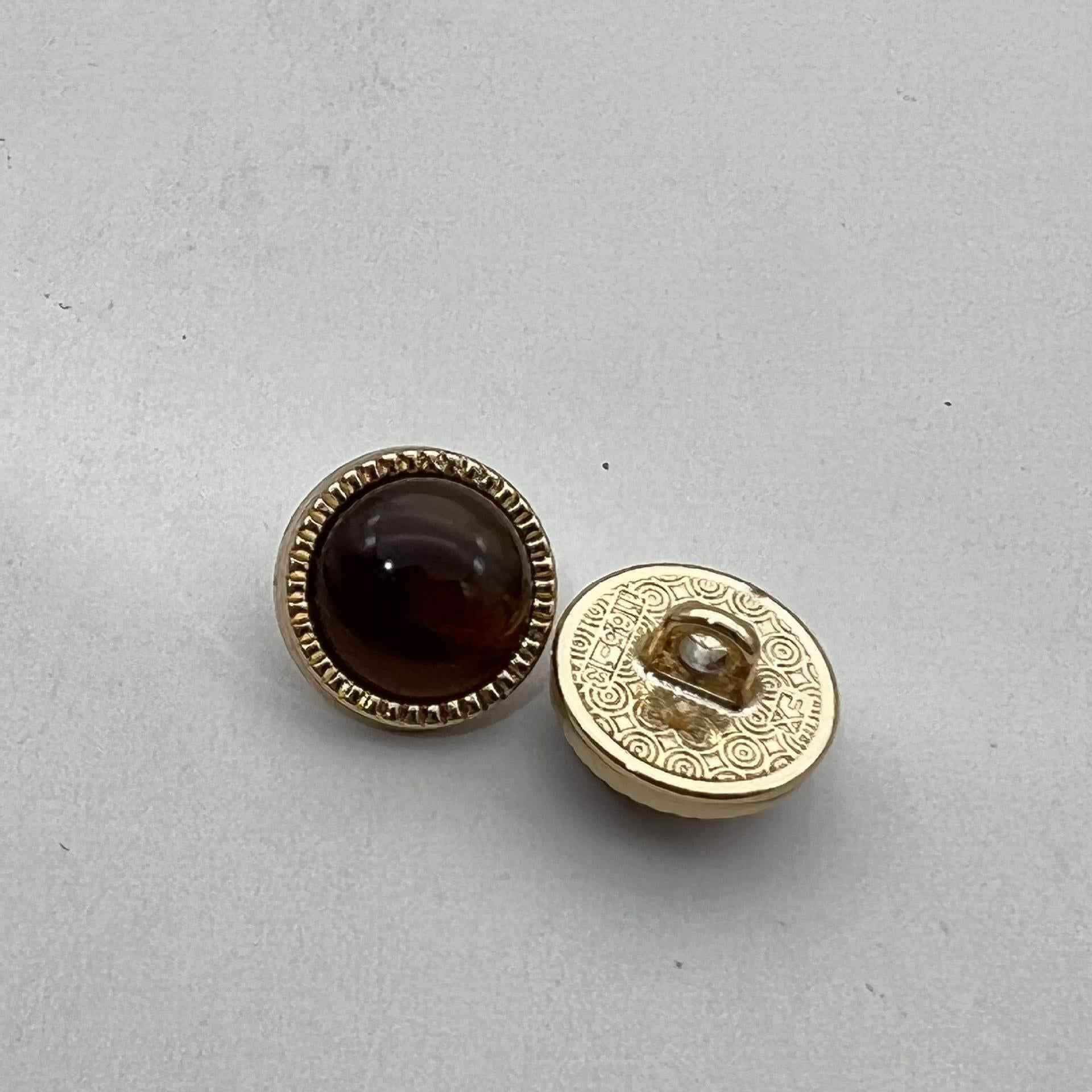 12.5mm pearlized cat’s eye metal shirt button pair, dark brown stone, gold-tone shank