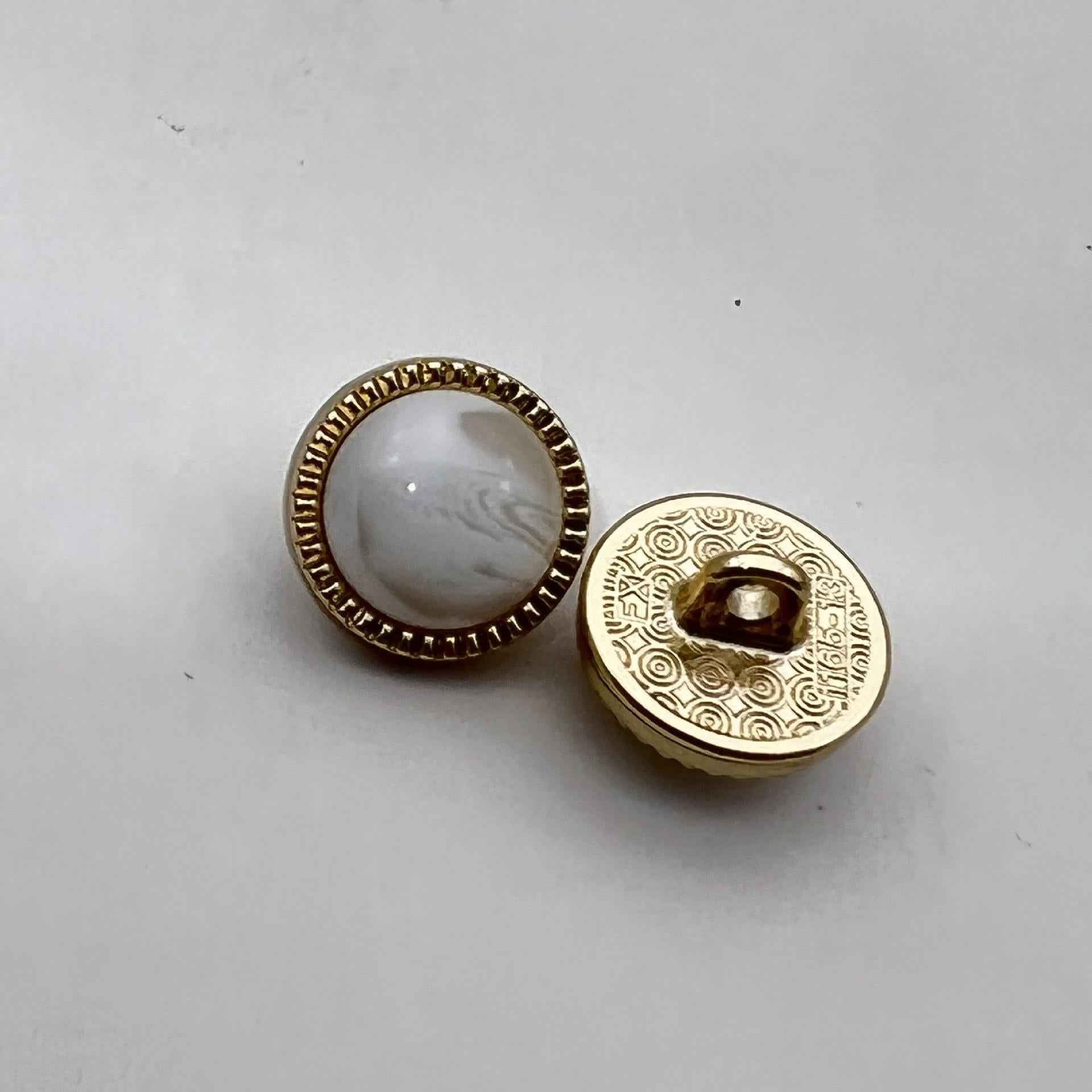 12.5mm pearlized cat’s eye metal shirt button pair, white/cream stone, gold-tone shank