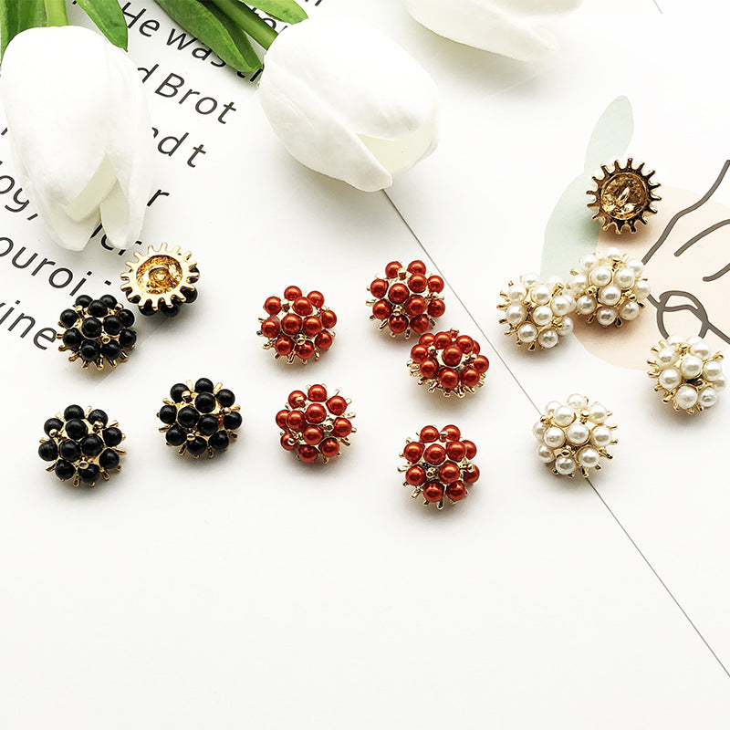 Sunflower shank buttons set: black, red, and white faux pearl flower designs (24L, 48-pack).
