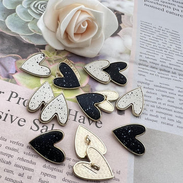 Starry heart metal shank buttons, gold edge—mix of black and white hearts (50 pcs)
