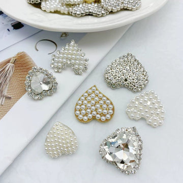 Heart-shaped coat buttons with white pearls and clear rhinestones, metal shank set