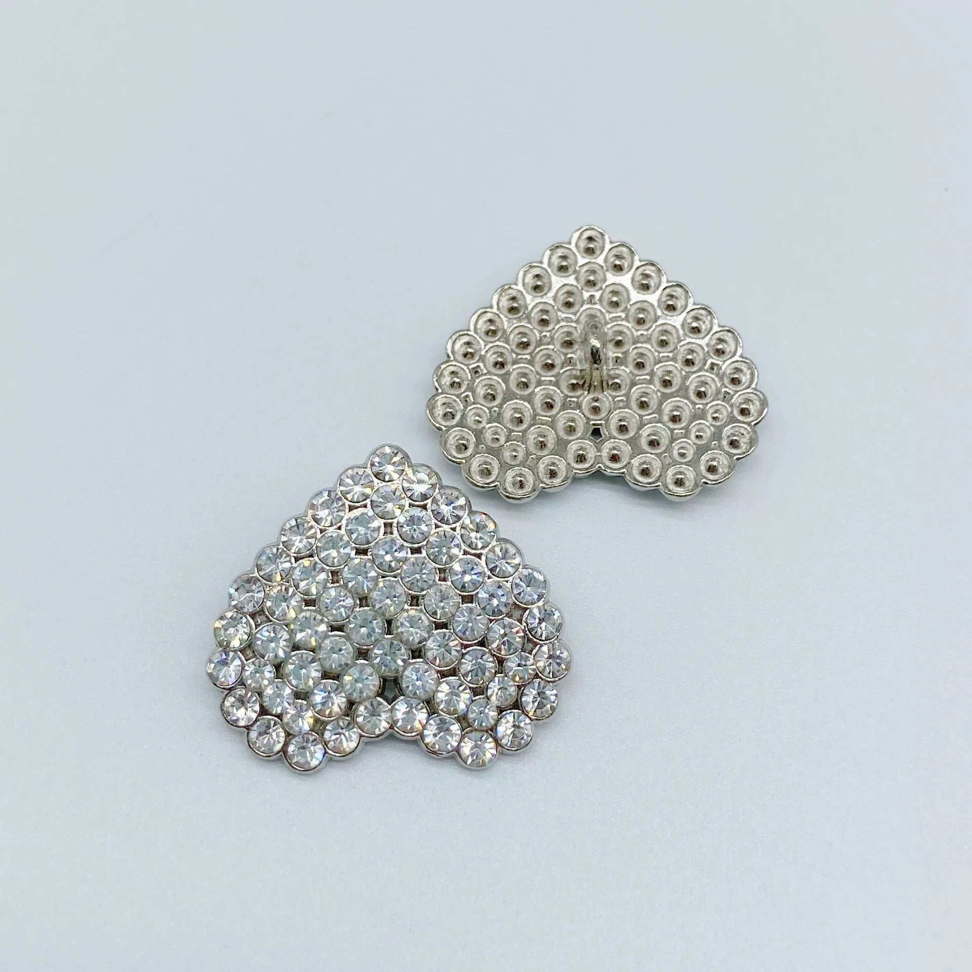 Silver rhinestone heart coat button and white pearl heart coat button, metal shank