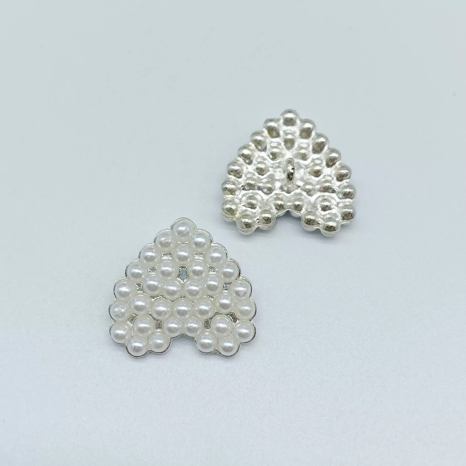 White pearl heart coat button and silver rhinestone heart coat button, metal shank