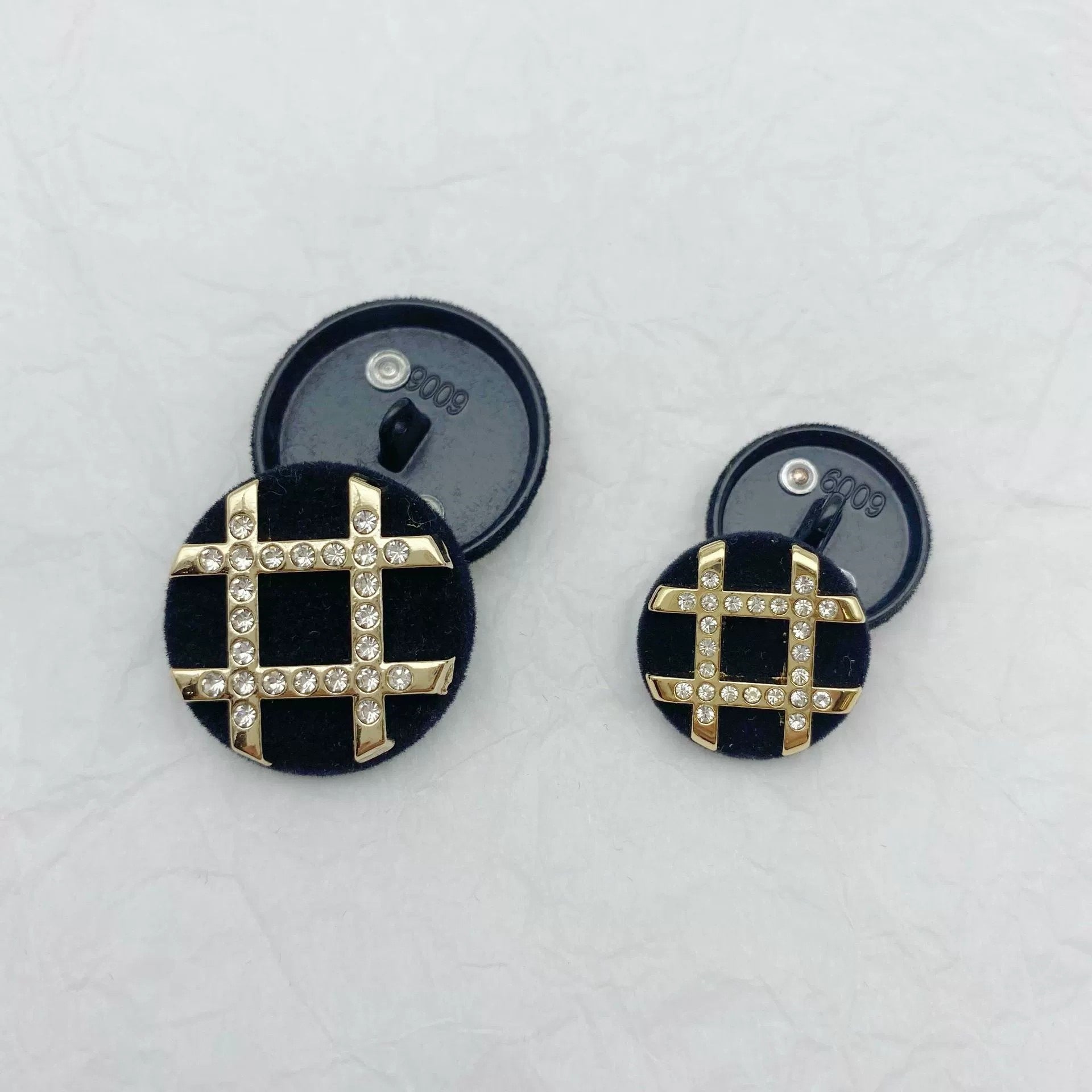 Black velvet bead metal sweater button set, gold-tone cross with rhinestone details