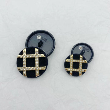 Black velvet bead metal sweater button set, gold-tone cross with rhinestone details