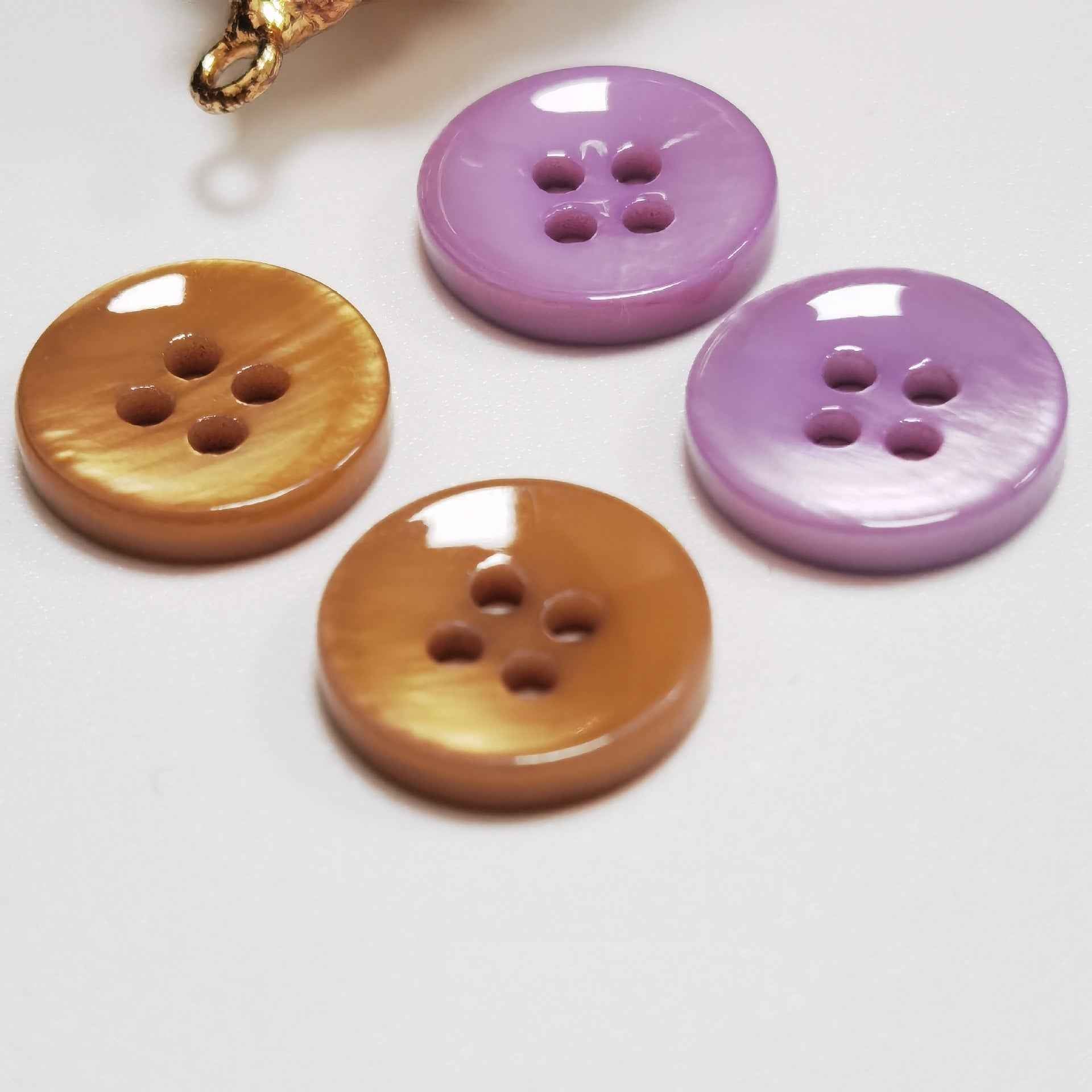 Round mother-of-pearl buttons (15mm), 4-hole set: lavender purple and warm mustard yellow