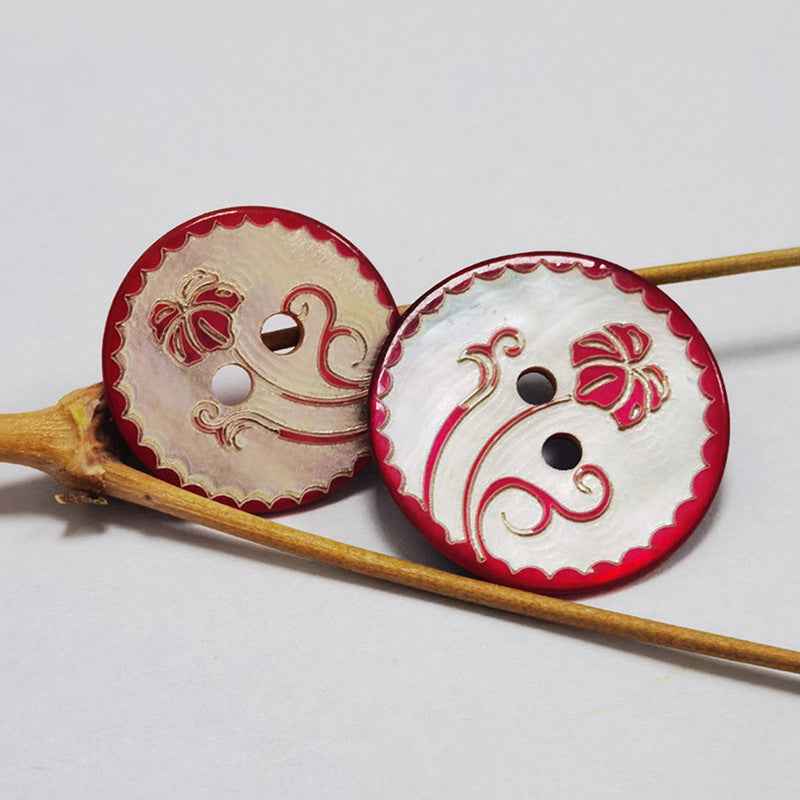 Red floral mother-of-pearl 2-hole buttons with scalloped edges, two-pack view