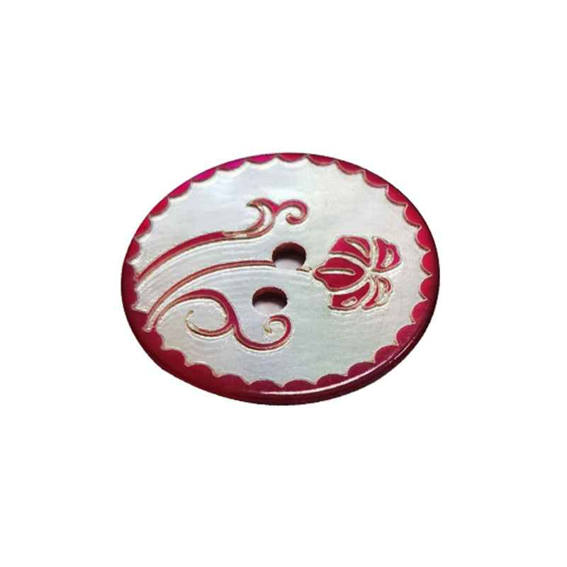 Red floral mother-of-pearl 2-hole button with scalloped rim, close-up
