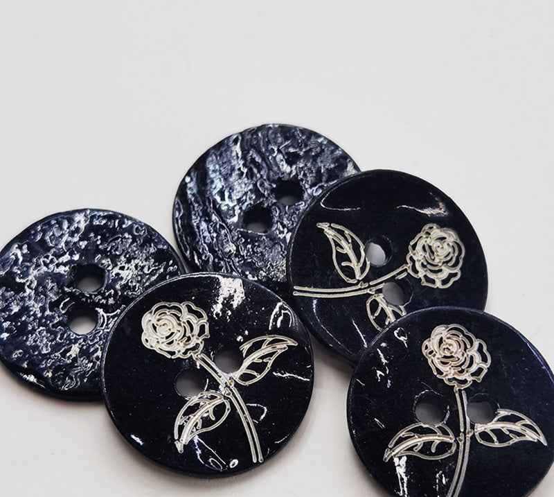 Set of black printed mother-of-pearl shell buttons with rose-and-vine, two holes